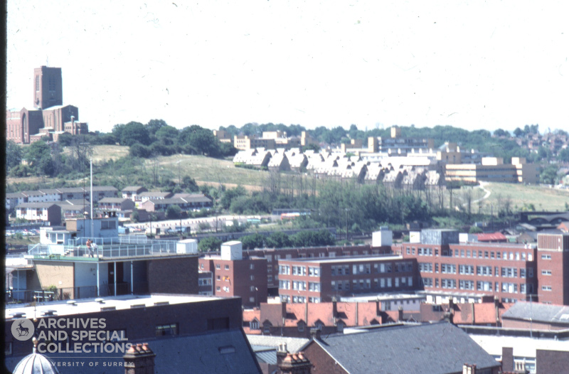 Photograph of Stag Hill campus viewed from the town centre, 1976.