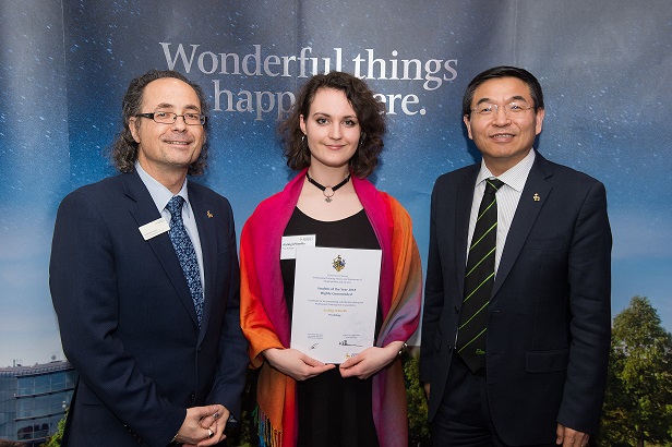 Keith Herrmann, Aisling O'Keeffe (holding Highly Commended Student of the Year certificate) and Professor Max Lu