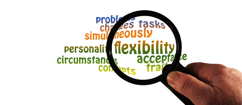 Magnifying glass magnifying the word 'flexibility' from other traits