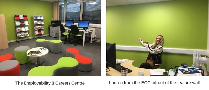 The interior of the Employability & Careers centre, Lauren showing our green feature wall