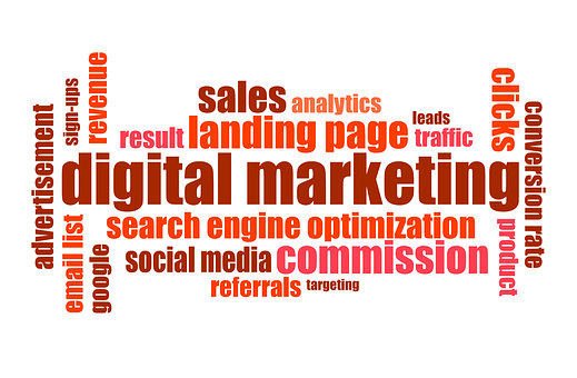 Digital marketing doodle including terms like SEO, landing page, clicks, analytics