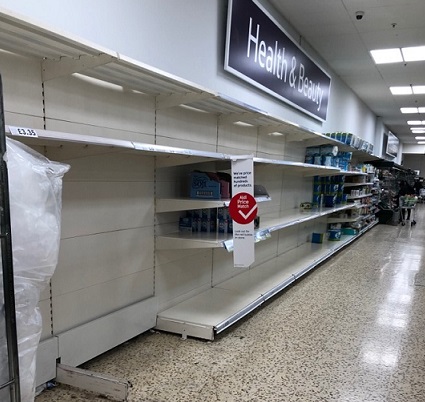 The almost empty 'Health and Beauty' aisle at Tesco