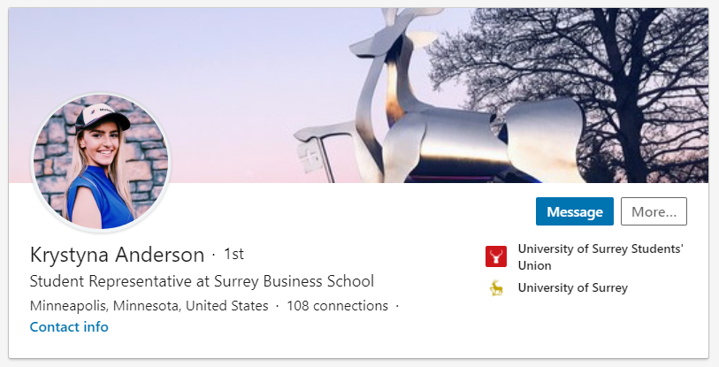 A snip of Krystyna's LinkedIn profile with a photo of her and a photo of the sculpture of the Surrey stag at the entrance to the university