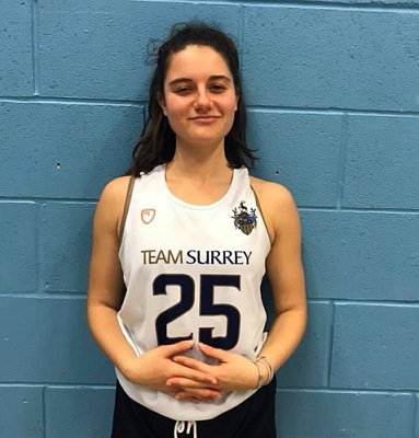 Kristiana, in her Team Surrey kit for the University of Surrey Students Union basketball club