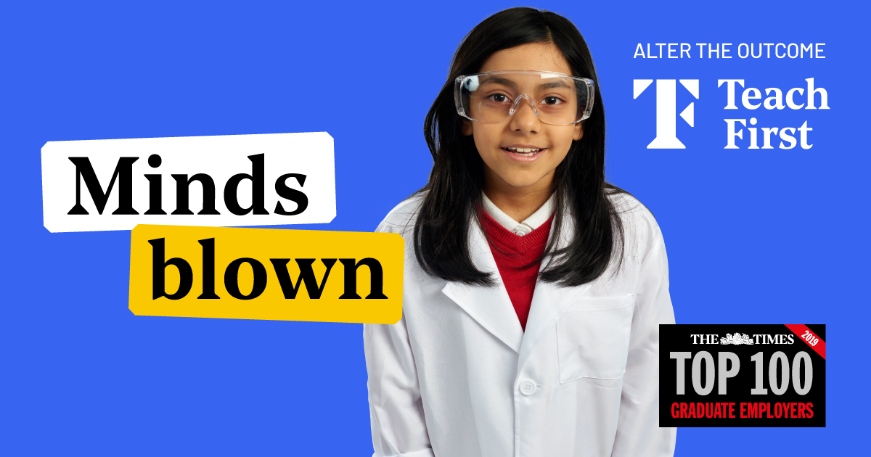 young girl in a lab coat and safety goggles.  Minds Blown titles the image