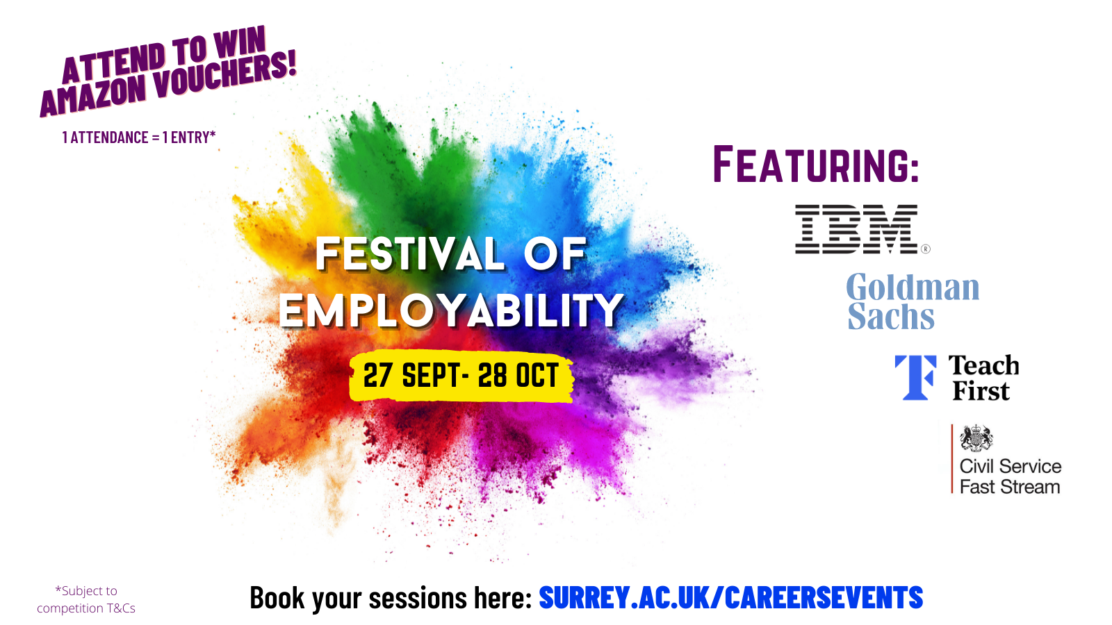 Image for the Festival of Employability - a paintsplash with wording and dates 27 Sept - 28 Oct over the top.