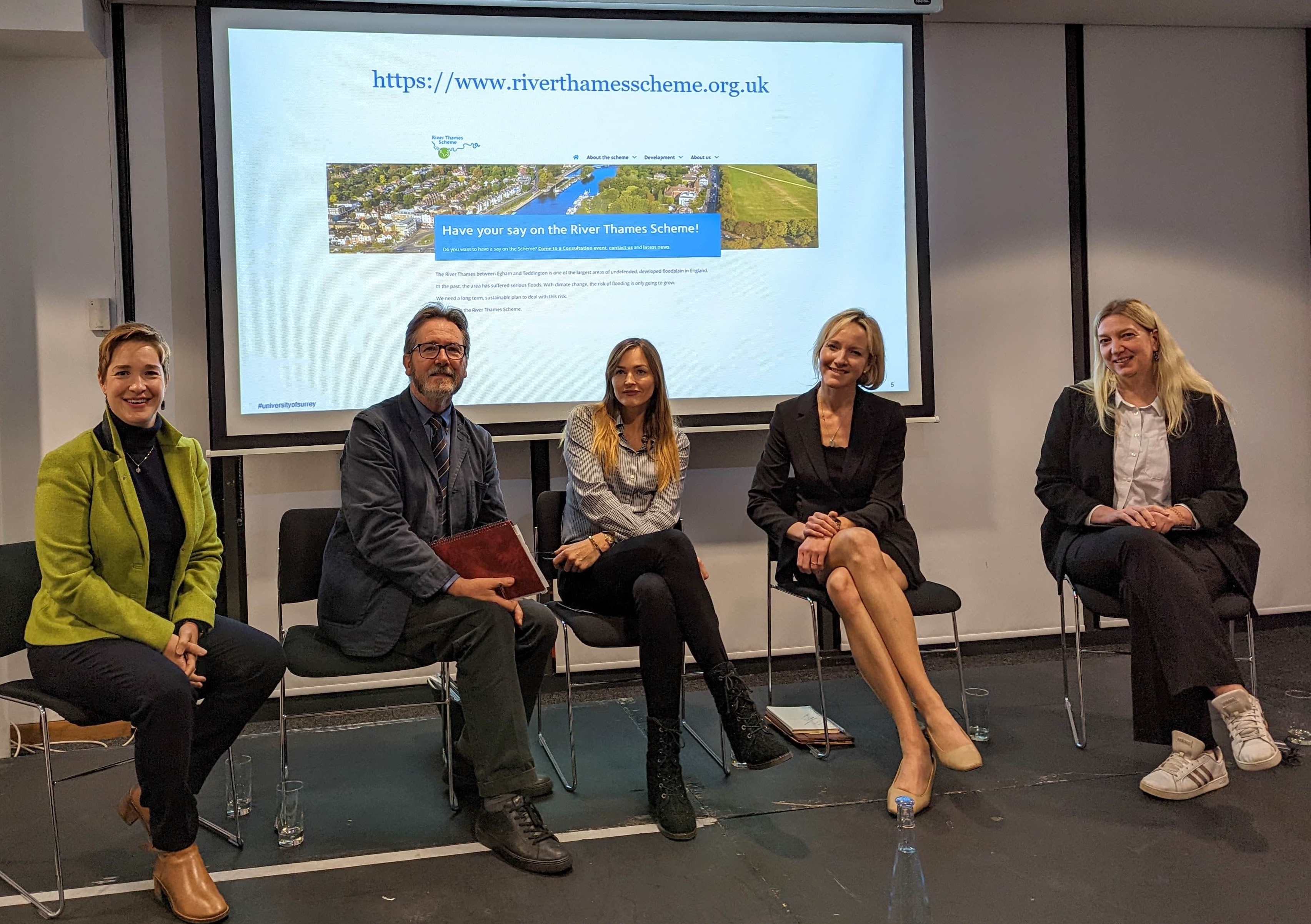 The five panellists, from left to right, Panel Chair, Professor Amelia Hadfield (University of Surrey), Ian Christie (Centre for Environment and Sustainability), Councillor Marissa Heath (Surrey County Council), Katie Stewart (Surrey County Council), and Jeanne Capey (Environment Agency).