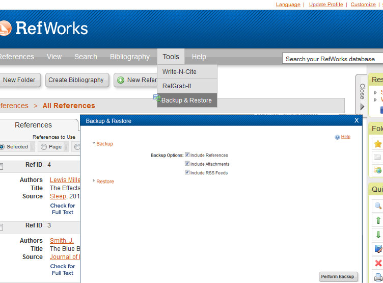 RefWorks Backup Screenshot
