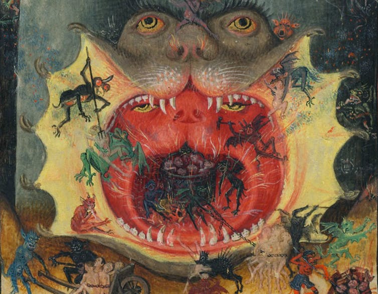 A painting of the mouth of hell as a cat's mouth with sharp teeth