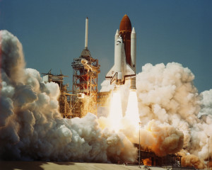 Space Transportation System Number 6, Orbiter Challenger, lifts off from Pad 39A carrying astronauts Paul J. Weitz, Koral J. Bobko, Donald H. Peterson and  Dr. Story Musgrave.