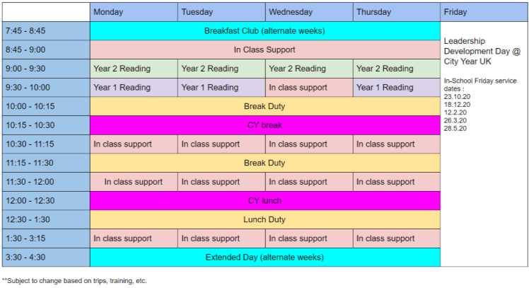 A timetable of my work in schools from Monday to Thursday and Leadership Development Days every Friday, starting from 7:45am-4:30pm.