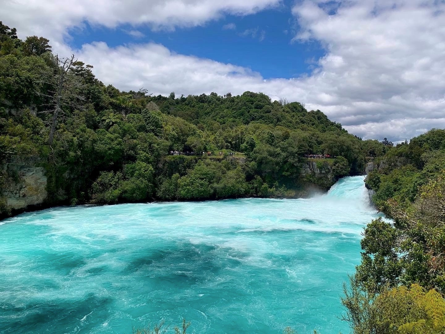 A waterfall spilling into a large body of water, surrounded by trees.