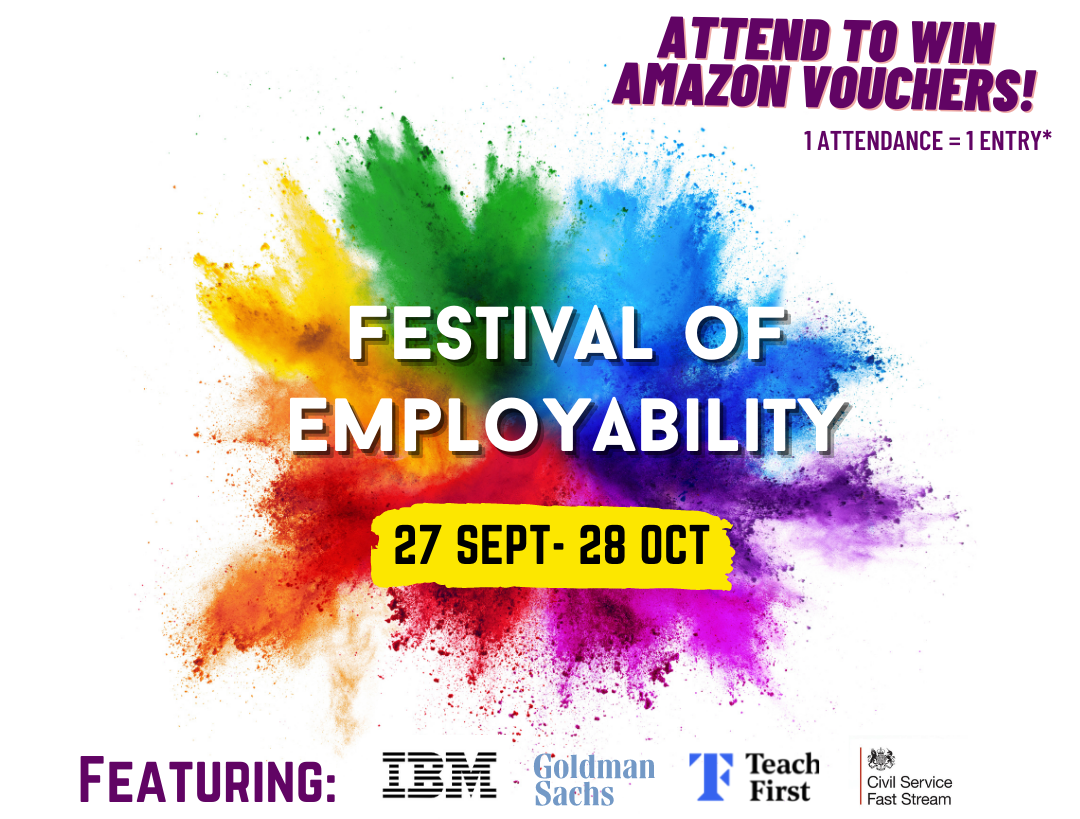 An image of the Festival of Employability design. The background is a paint splash image, with words "Festival of Employability" on top of it, with the date of the event underneath the writing.