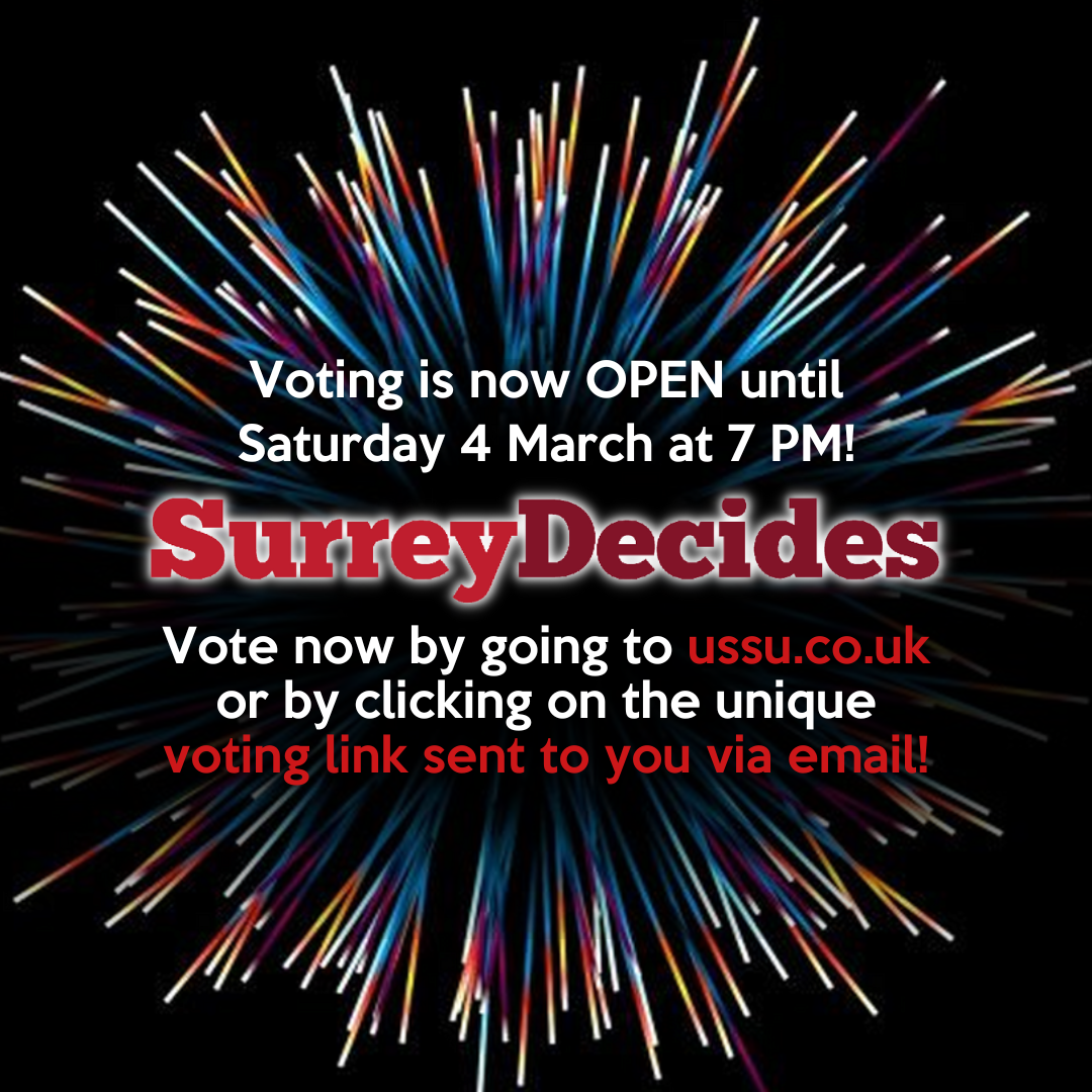Fireworks below a text encouraging students to vote in Surrey Decides.