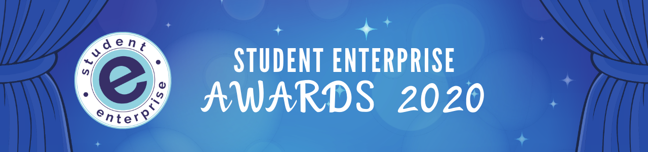 Blue stage curtains open to show the Student Enterprise logo and the Title "Student Enterprise Awards 2020"