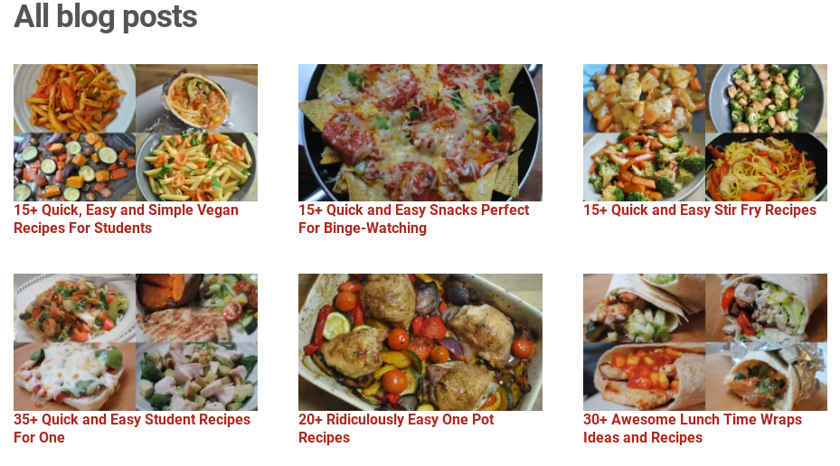 Screenshot of the StudentEats website with selection of different recipe categories '20 snack recipes' for example.