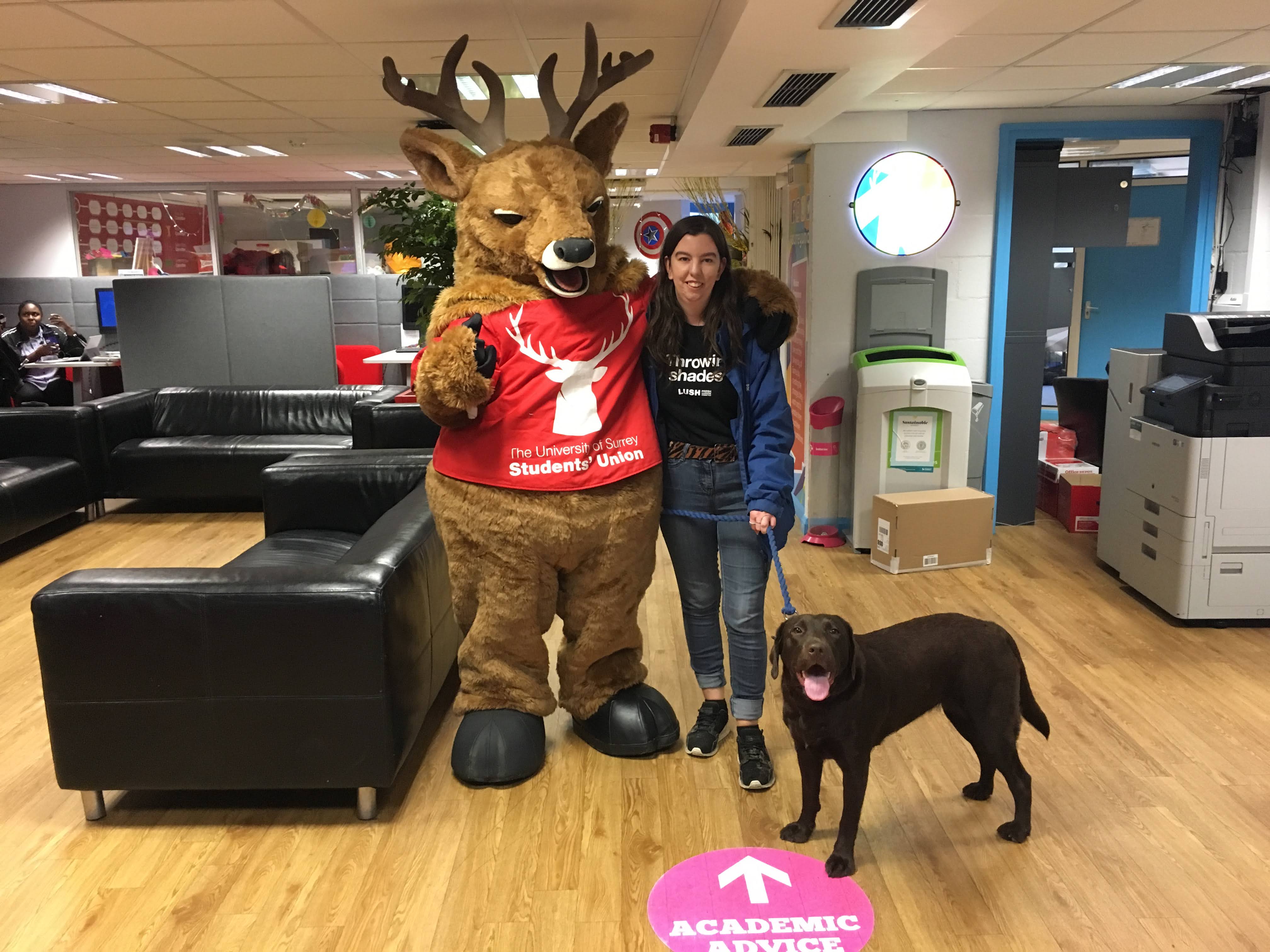 Steve the Stag University of Surrey Student Union mascot with dog