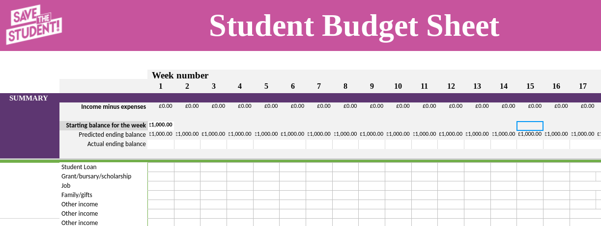 Screenshot of the Save the Student weekly budgeting spreadsheet