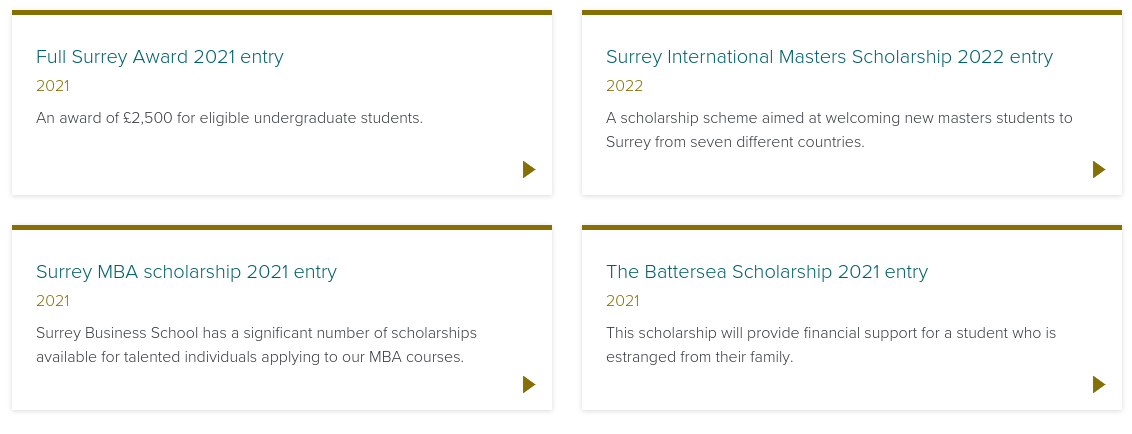 Screenshot of scholarships available for students studying at The University of Surrey
