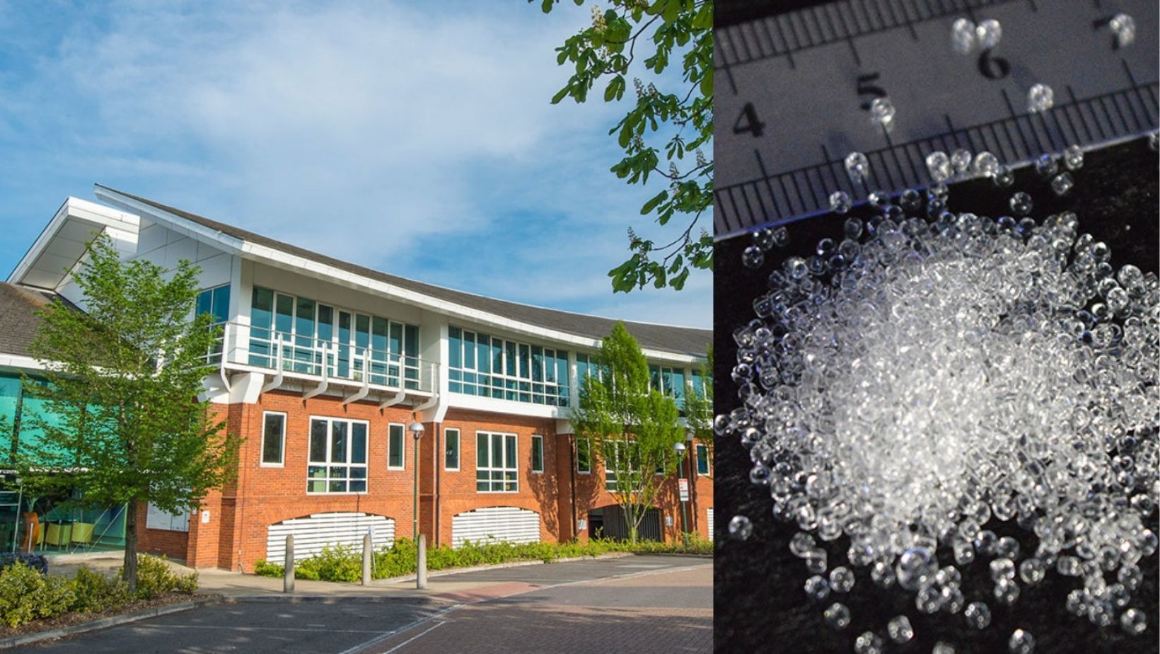Left: Surrey Research Park building where I work (source: https://surrey-research-park.com/)
Right: a close up of the micro-silica beads I work with (source: https://www.trueinvivo.co.uk/)
